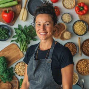Vegan and gluten-free chef Riley Thompson in a modern kitchen in Asheville, smiling and surrounded by fresh plant-based ingredients